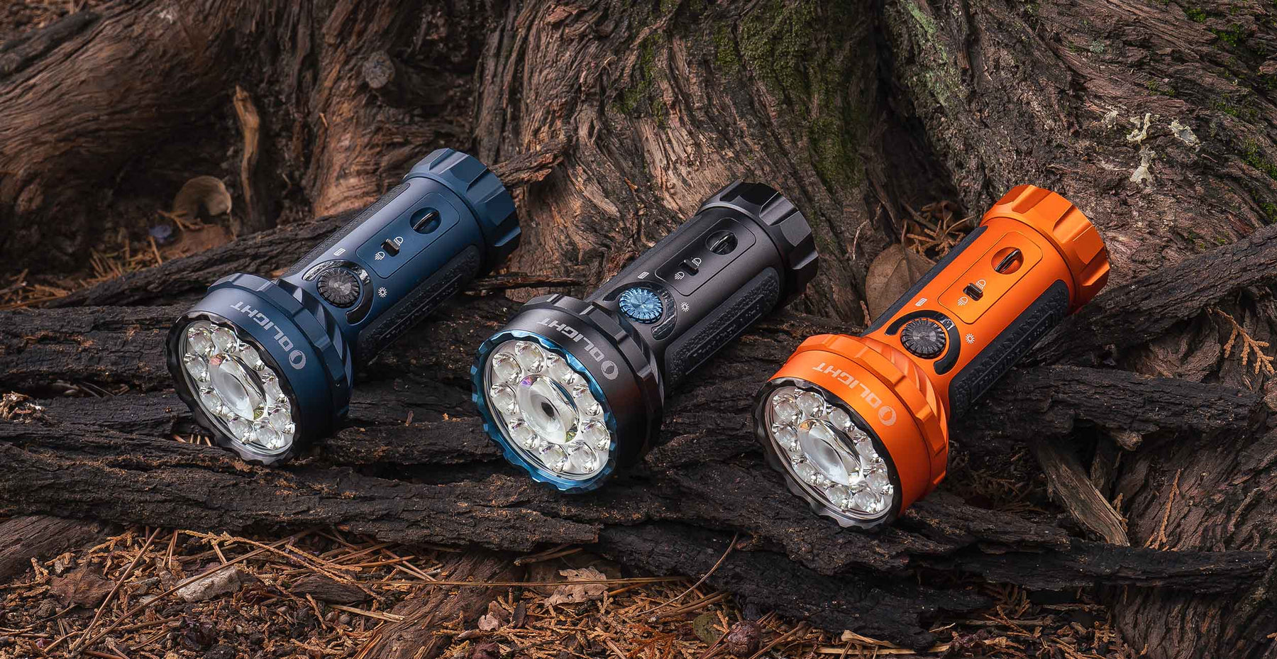 3 Olight Marauder Mini Flashlights in Blue, Black and Orange