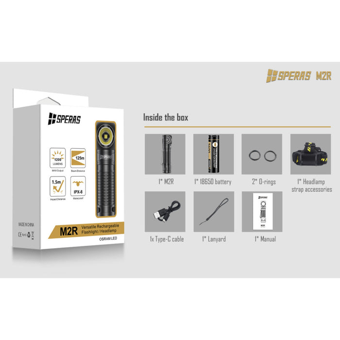 SPERAS M2R Rechargeable 1200 Lumen Headlamp/Torch - 125 Metres