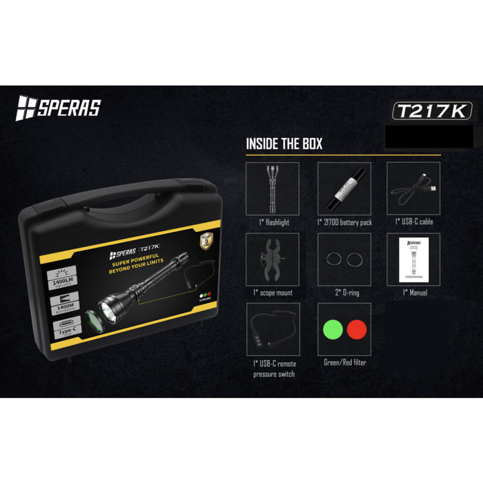 SPERAS T217K Rechargeable 1400 Lumen Hunting Torch Kit - 1400 Metres