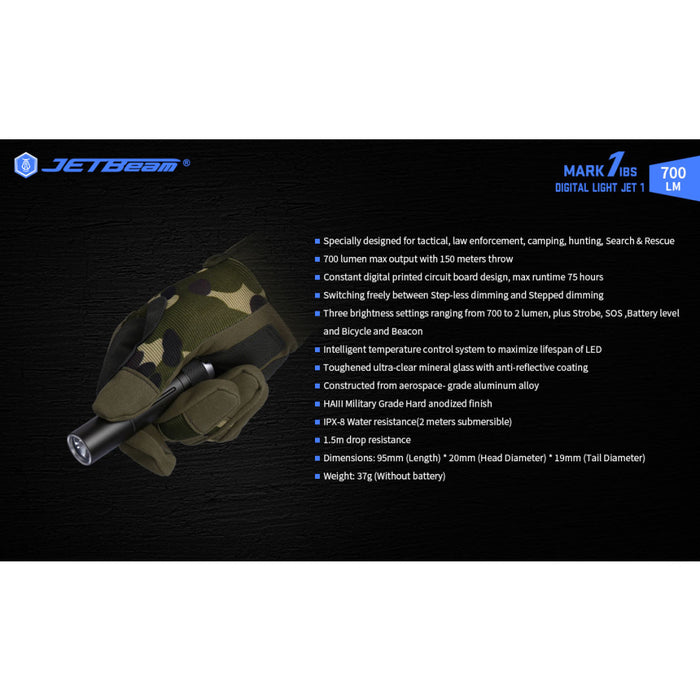JETBeam MARK 1IBS 700 Lumen 14500/AA Pocket Torch - 150 Metres
