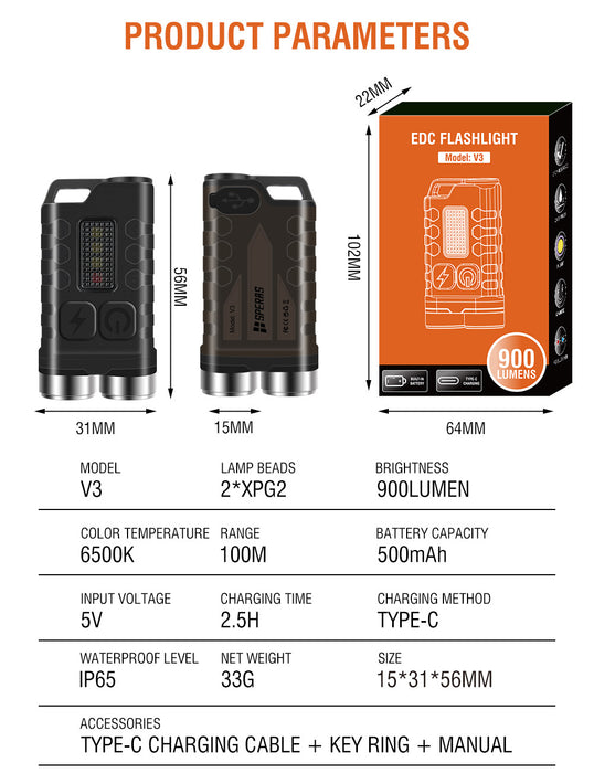 SPERAS V3 Rechargeable 900 Lumen Multifunctional Keychain Torch - 100 Metres