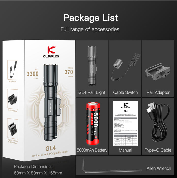 Klarus GL4 Rechargeable Rail Mount Light - 3300 Lumens, 370 Metres