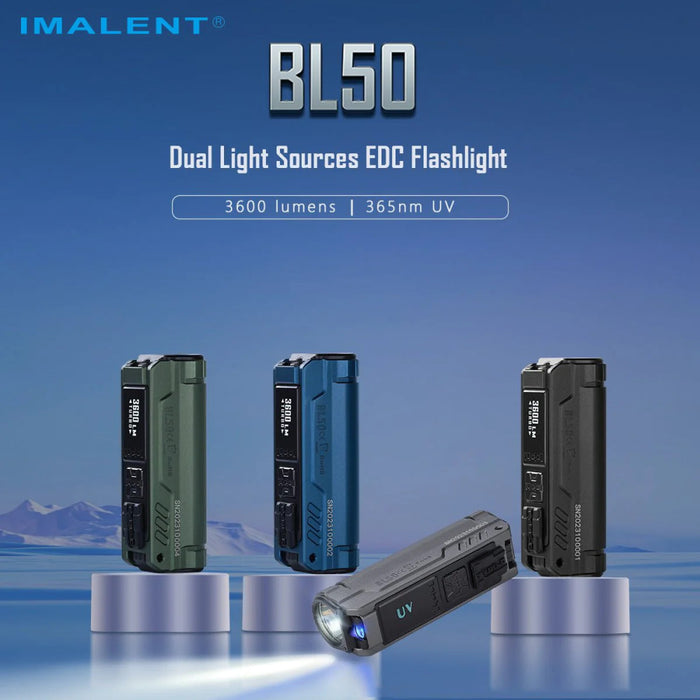 Imalent BL50 3600 Lumen Rechargeable Dual Light Source EDC Flashlight - 365nm UV and White Light - 428 Metres