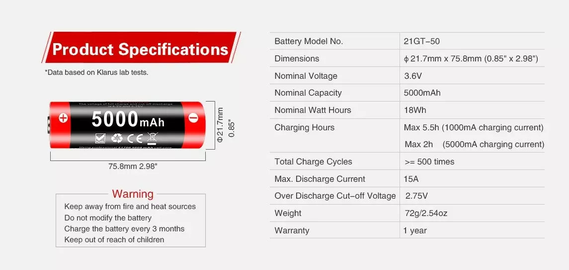Klarus 21700 Rechargeable 5000mAh 3.6V Li-ion Battery, 21GT-50