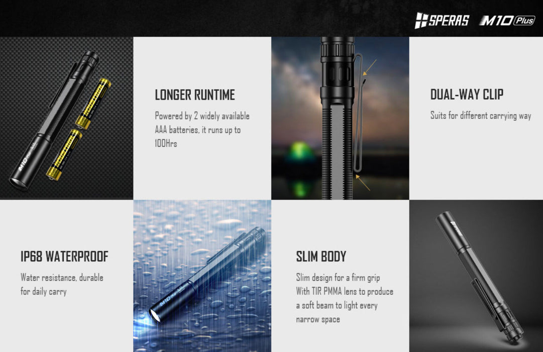 SPERAS M10 PLUS 2AAA High CRI95 4000K Penlight - 200 Lumens, 60 Metres