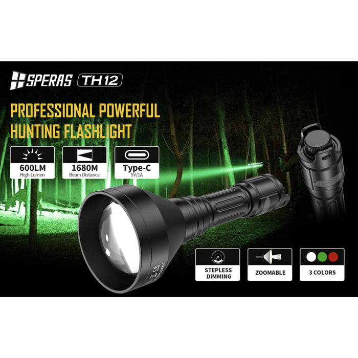 SPERAS TH12K Rechargeable 600 Lumen Focusable Hunting Torch Kit - 1680 Metres