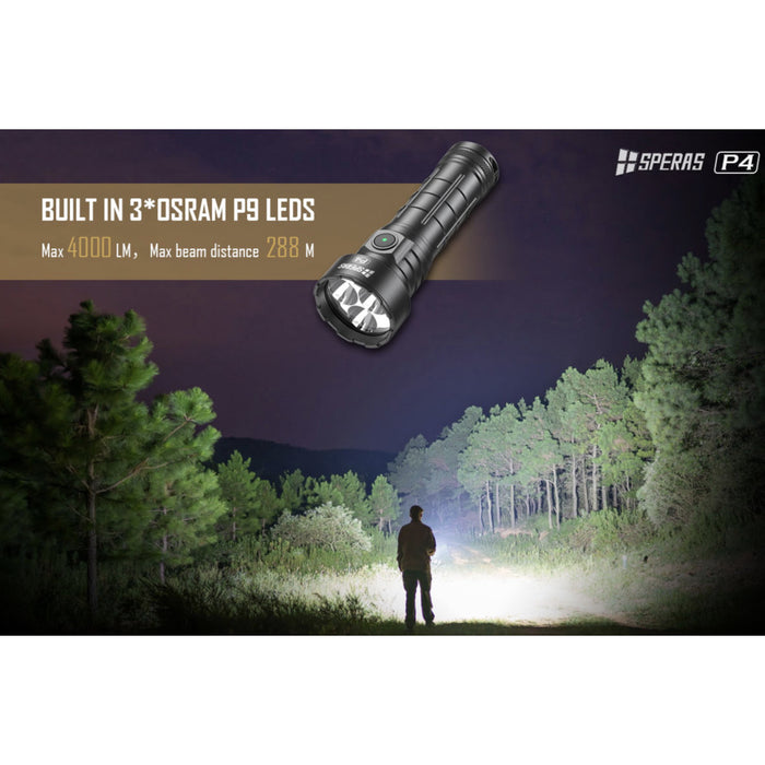 SPERAS P4 Rechargeable 4000 Lumen Compact Torch with Power Bank Function - 288 Metres