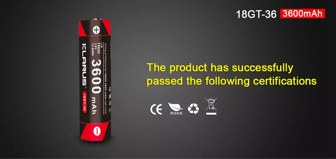 Klarus 18650 Rechargeable 3600mAh 3.6V Li-ion Battery, 18GT-36