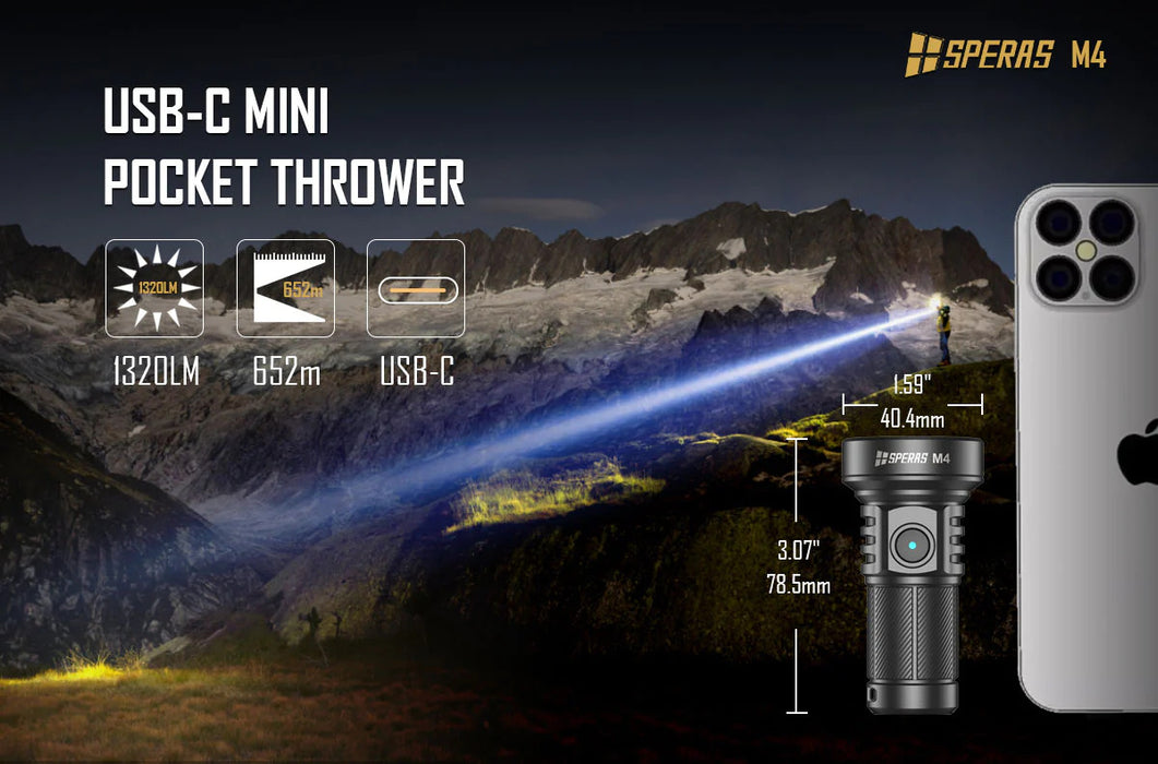 SPERAS M4 Mini Rechargeable 1320 Lumen EDC Torch - 652 Metres