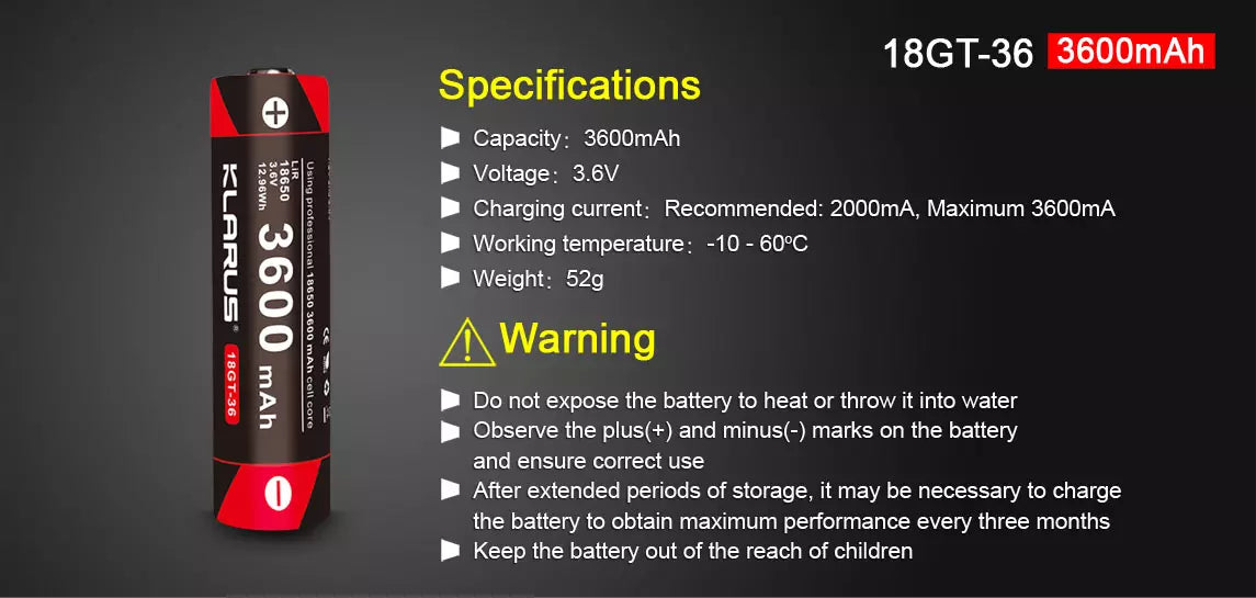 Klarus 18650 Rechargeable 3600mAh 3.6V Li-ion Battery, 18GT-36