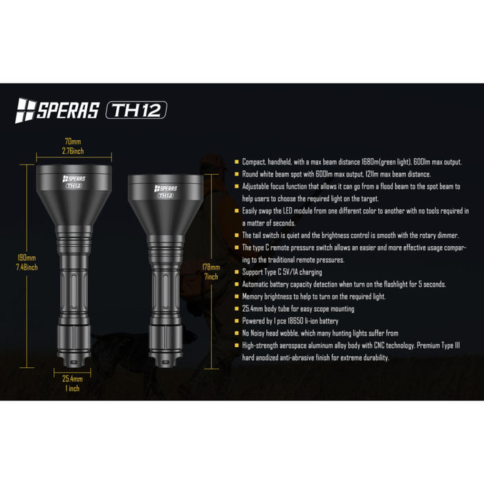 SPERAS TH12K Rechargeable 600 Lumen Focusable Hunting Torch Kit - 1680 Metres