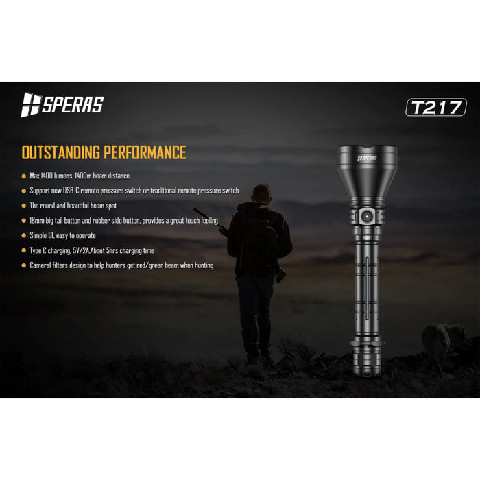 SPERAS T217K Rechargeable 1400 Lumen Hunting Torch Kit - 1400 Metres