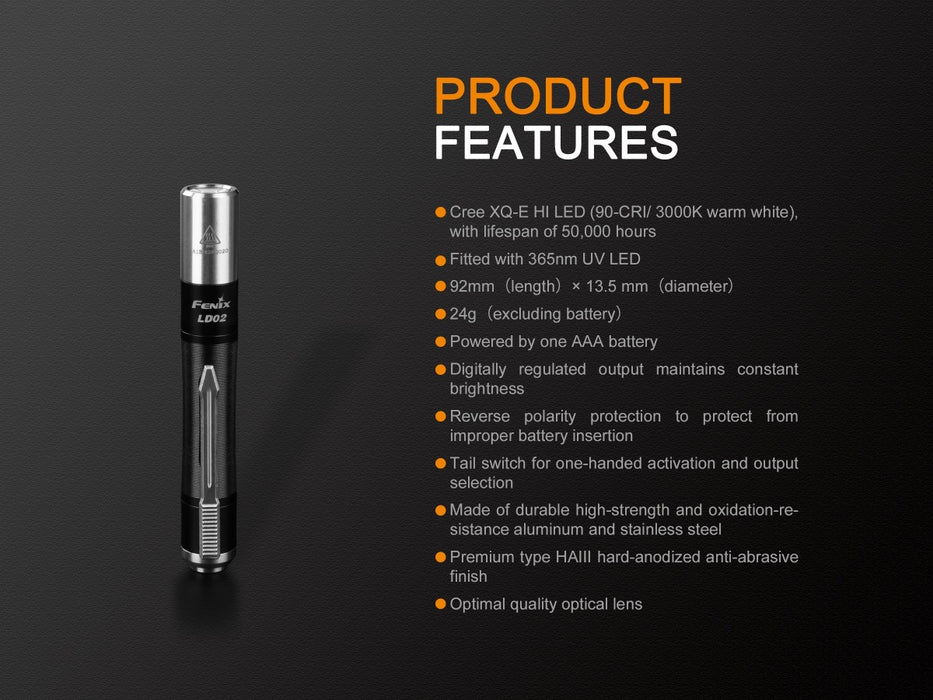Fenix LD02 V2.0 AAA Penlight with Warm White Light + UV