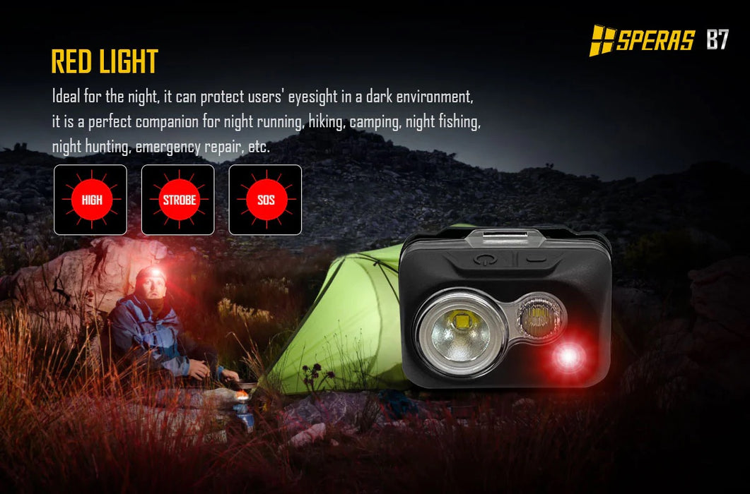 SPERAS B7 Lightweight Dual-Fuel Headlamp with Red Light – 600 Lumens, 92 Metres
