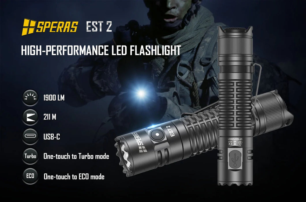 SPERAS EST2 USB-C Rechargeable 1900 Lumen Compact Torch - 211 Metres