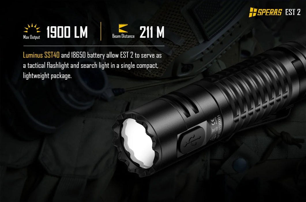 SPERAS EST2 USB-C Rechargeable 1900 Lumen Compact Torch - 211 Metres