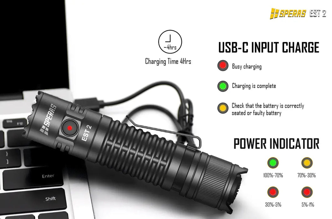 SPERAS EST2 USB-C Rechargeable 1900 Lumen Compact Torch - 211 Metres