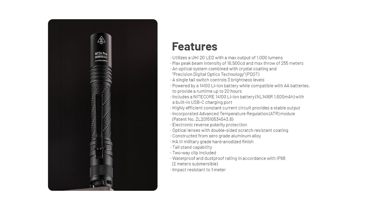 Nitecore MT2A Pro Rechargeable, AA-Compatible, Pen Light - 1000 Lumens, 255 Metres