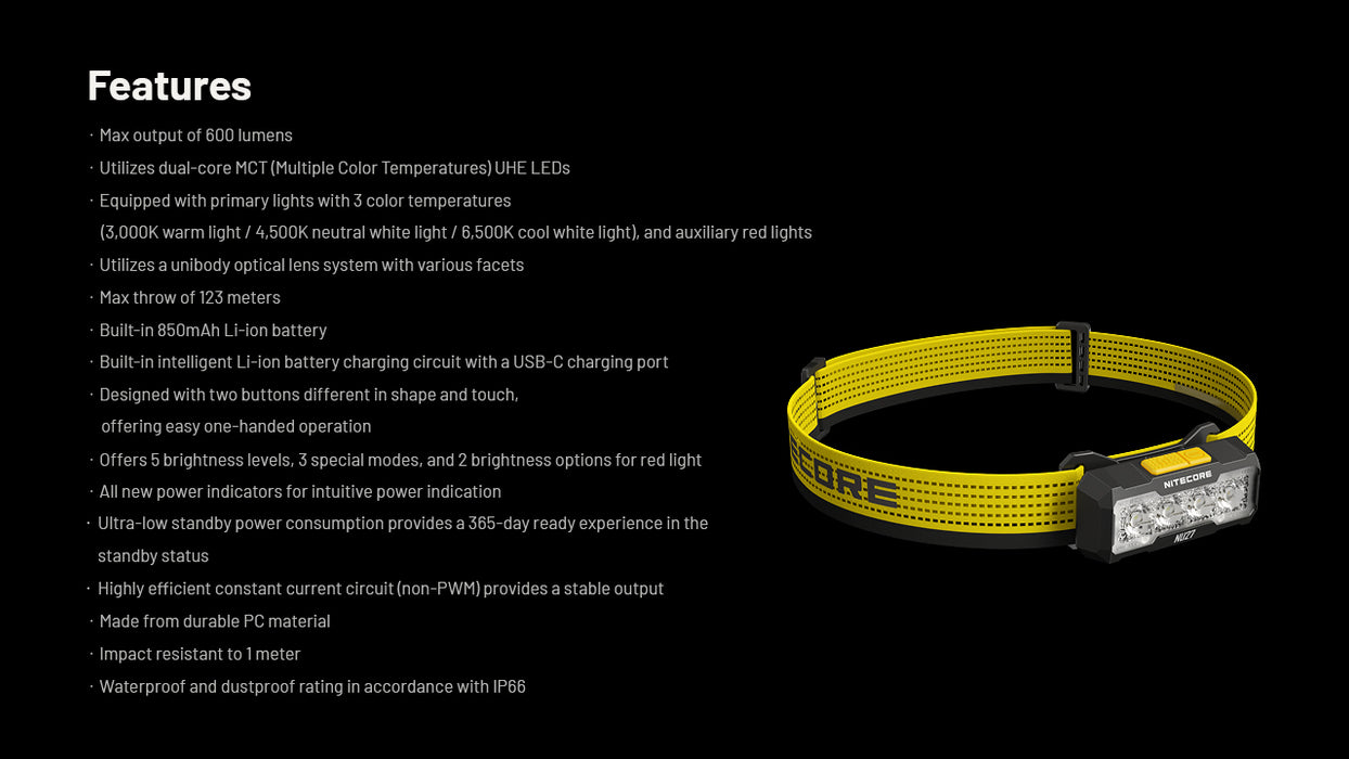Nitecore NU27 Rechargeable Ultralight MCT Headlamp - 600 Lumens, 123 Metres