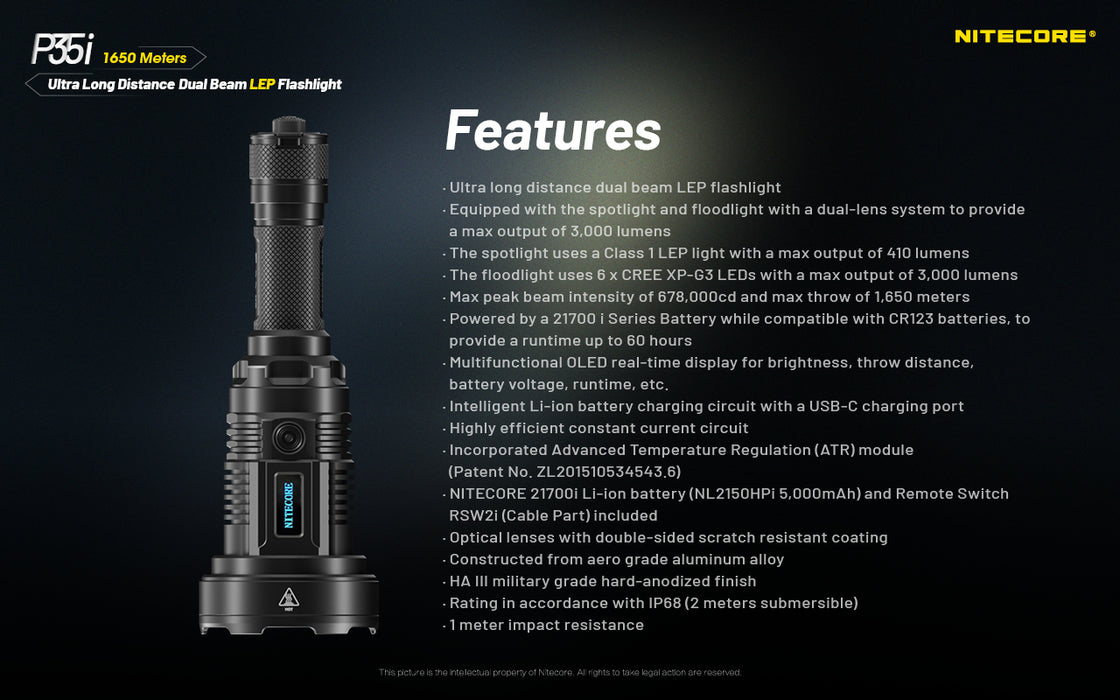 Nitecore P35i Rechargeable Ultra Long Distance Dual Beam LEP Torch - 3000 Lumens, 1650 Metres