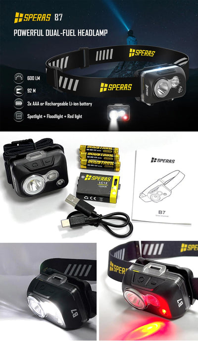 SPERAS B7 Lightweight Dual-Fuel Headlamp with Red Light – 600 Lumens, 92 Metres