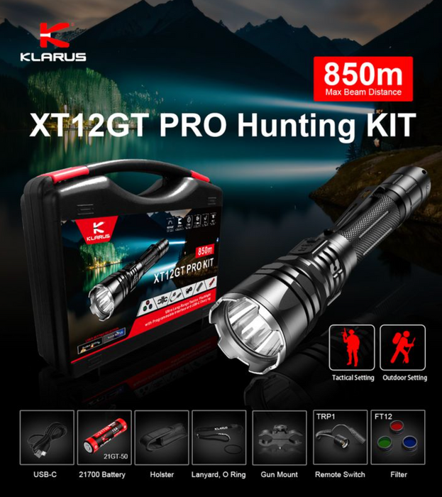 Klarus XT12GT Pro Kit - Rechargeable Hunting Torch Kit - 1600 Lumens, 850 Metres