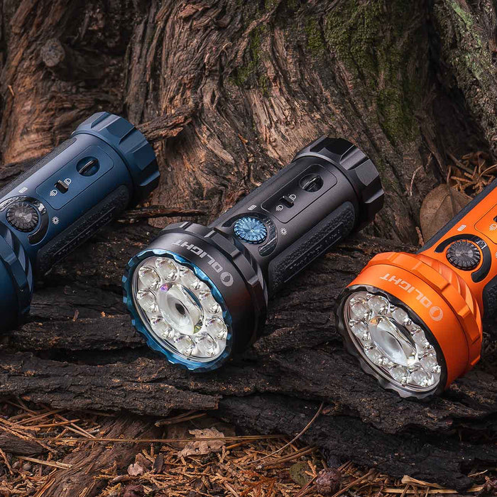 3 Olight Marauder Mini Flashlights in Blue, Black and Orange