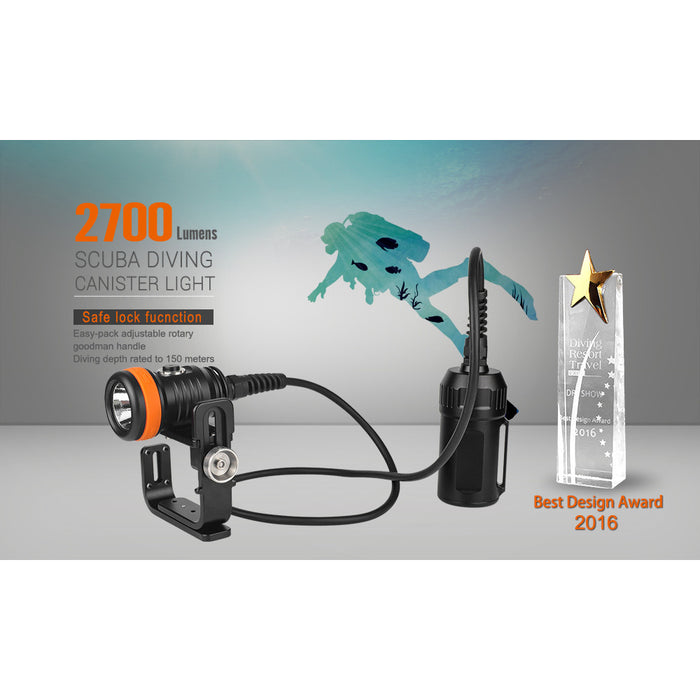 OrcaTorch D620 V2.0 Canister Dive Torch - 2700 Lumens, 150 Metres Diving Depth