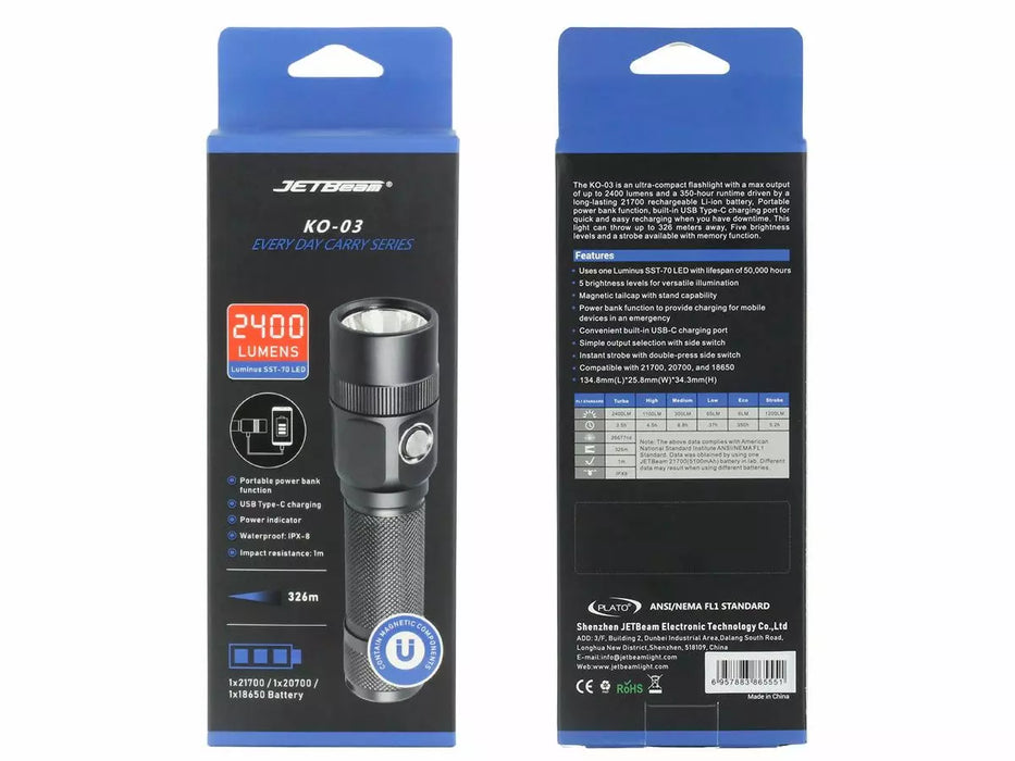 JETBeam KO-03 Rechargeable 2400 Lumen EDC Torch - 326 Metres