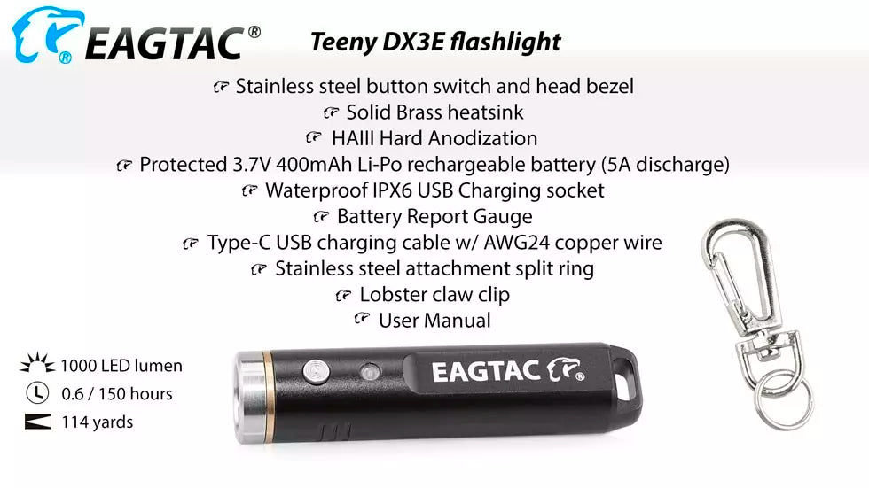 Eagtac Teeny DX3E Rechargeable Keyring Torch - 1000 Lumens, 105 Metres