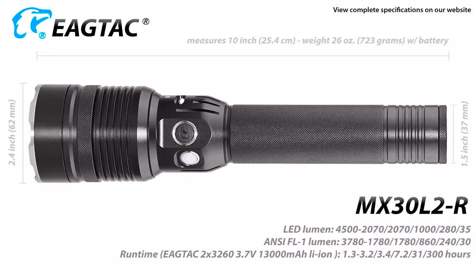 Eagtac MX30L2-R Rechargeable 4500 Lumen Security Torch - 492 Metres