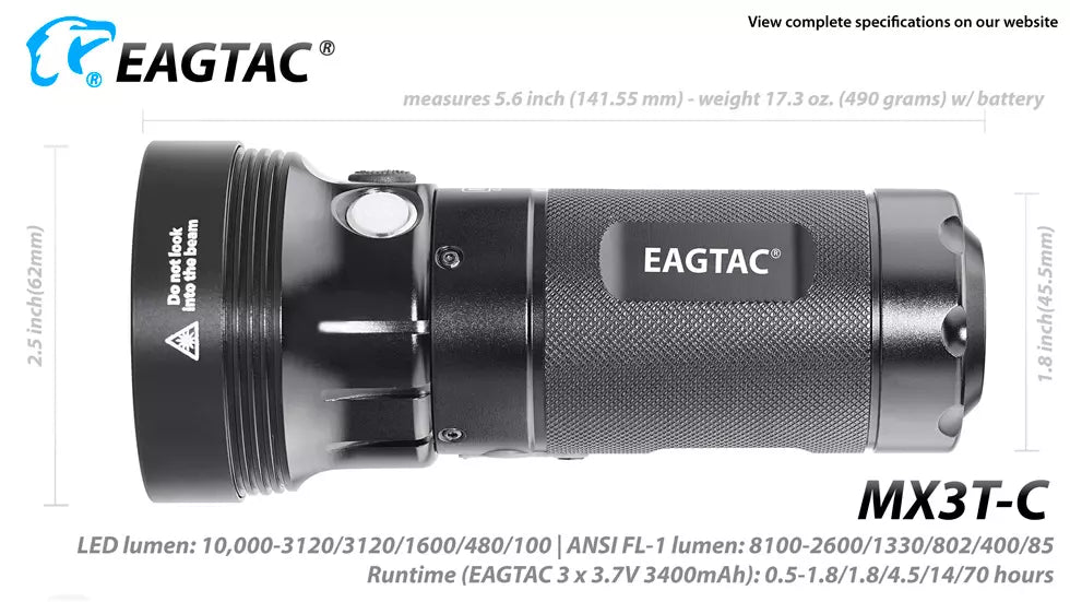 Eagtac MX3T-C Type-C Rechargeable Compact 10,000 Lumen Search Light with Power Bank Function - 531 Metres