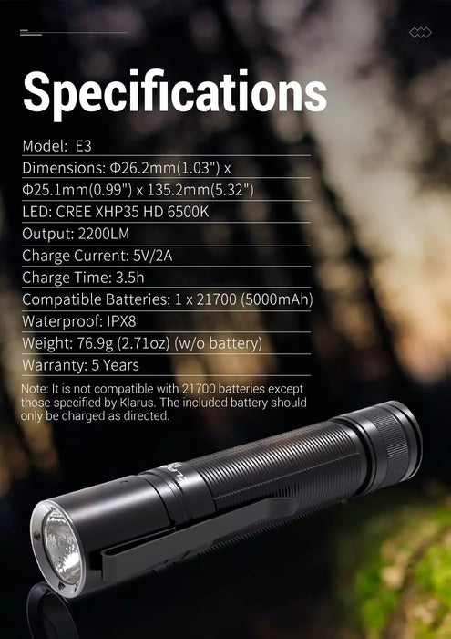 Klarus E3 2200 Lumen Rechargeable Deep Carry Pocket Flashlight - 230 Metres