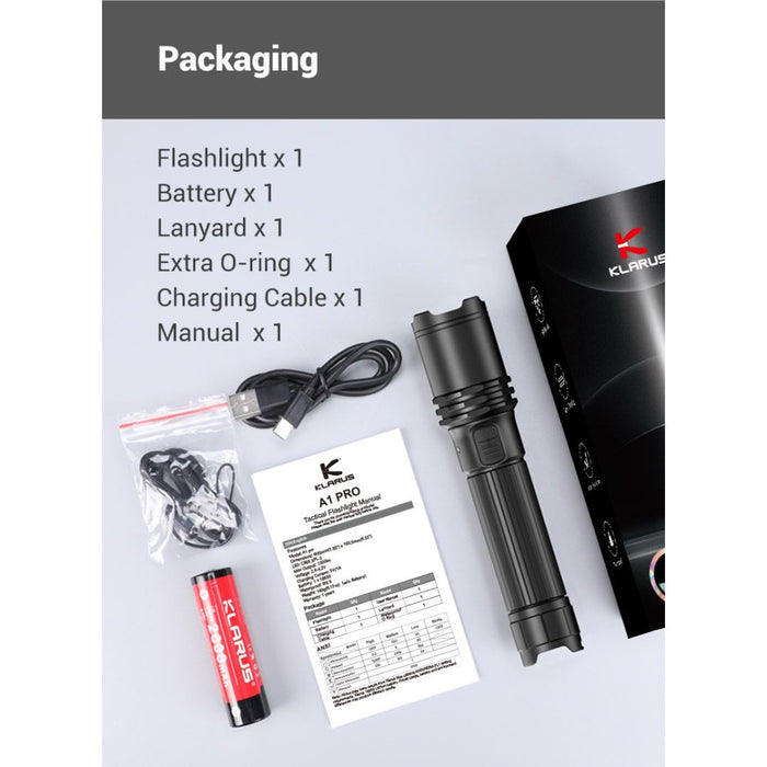 Klarus A1 Pro Compact Rechargeable Tactical Flashlight – 1300 Lumens, 230 Metres