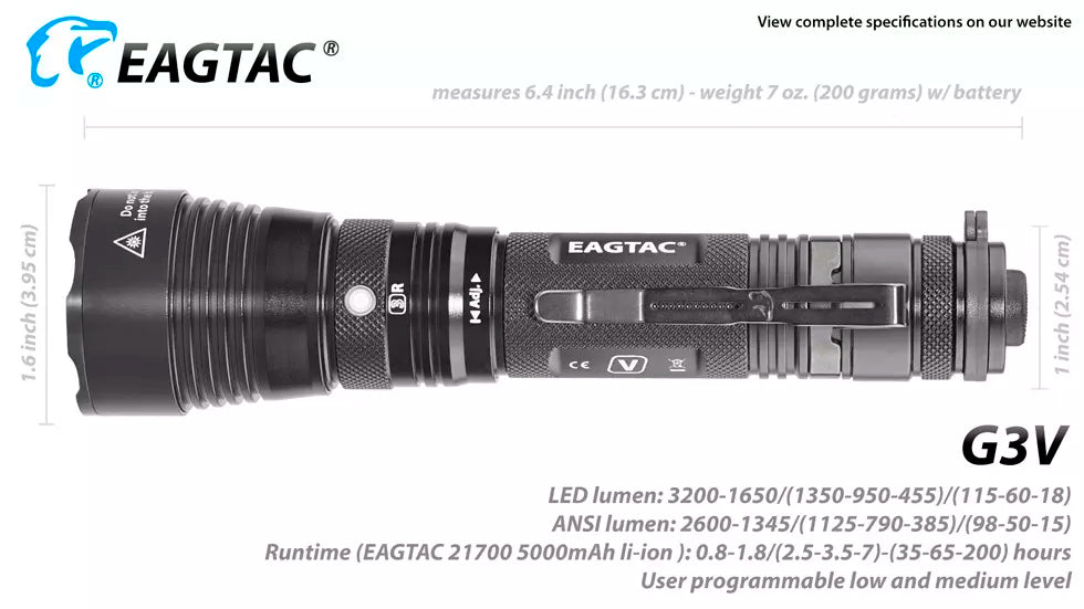 Eagtac G3V Rechargeable 3200 Lumen Tactical Torch - 247 Metres