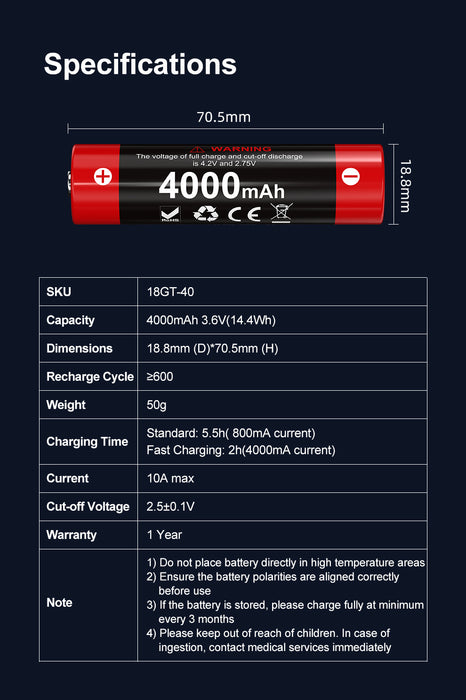 Klarus 18650 Rechargeable 4000mAh 3.6V Li-ion Battery, 18GT-40