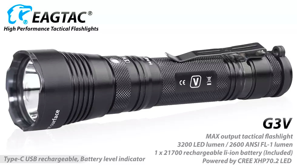 Eagtac G3V Rechargeable 3200 Lumen Tactical Torch - 247 Metres