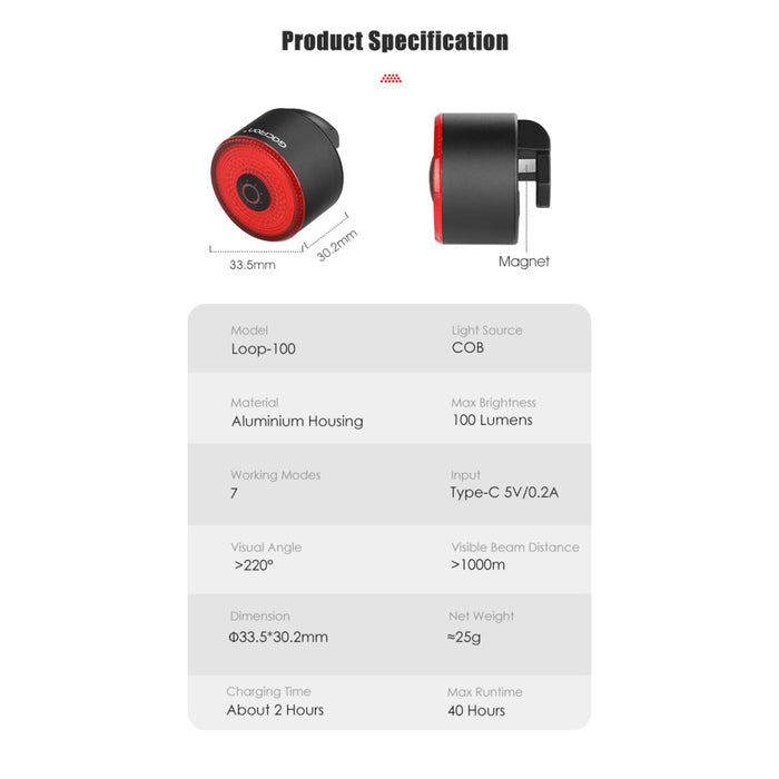 Gaciron LOOP-100 Rechargeable Smart Brake Bike Tail Light