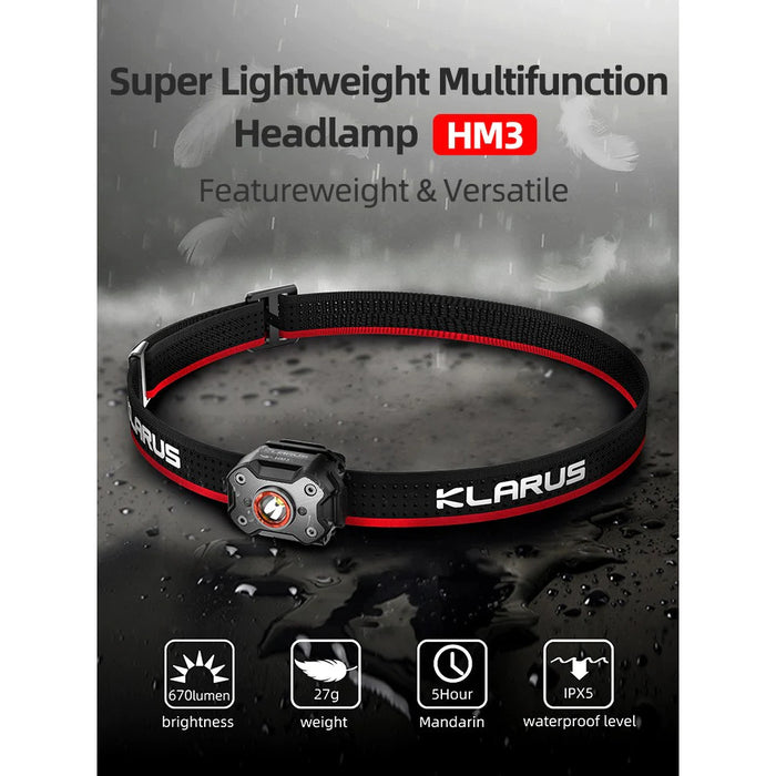 Klarus HM3 Rechargeable Ultra Light Multifunctional Running Headlamp - 670 Lumens, 90 Metres