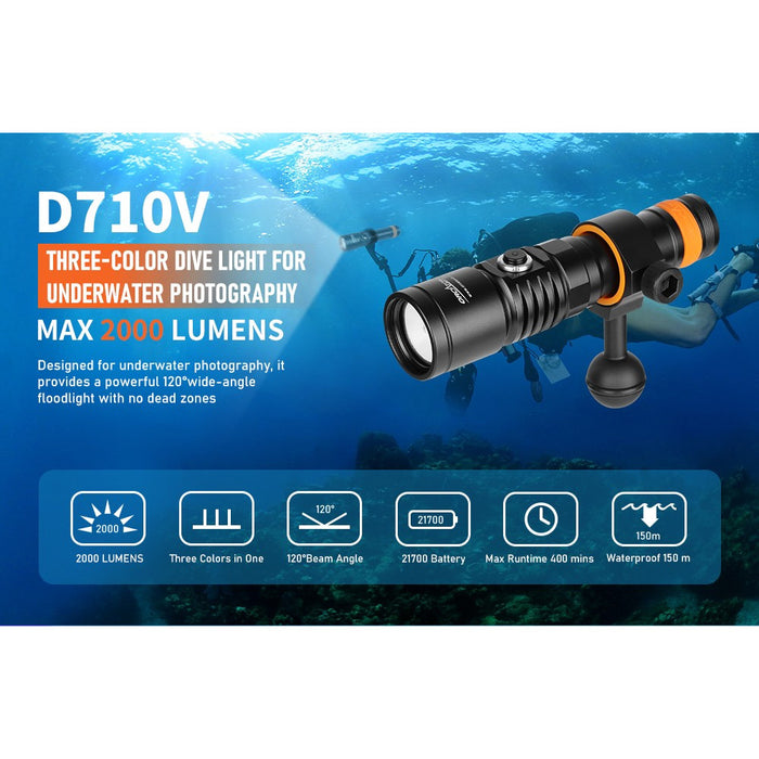 OrcaTorch D710V Video Dive Torch with Three Colour Light Sources - UV, White, Red LEDs - 2000 Lumens