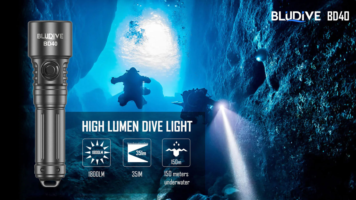 BluDive BD40 Dive Torch with Strobe - 1800 Lumens, 150 Metres Diving Depth