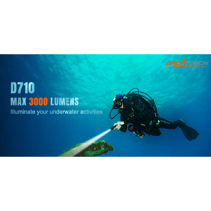 OrcaTorch D710 Dive Torch - 3000 Lumens, 150 Metres Diving Depth