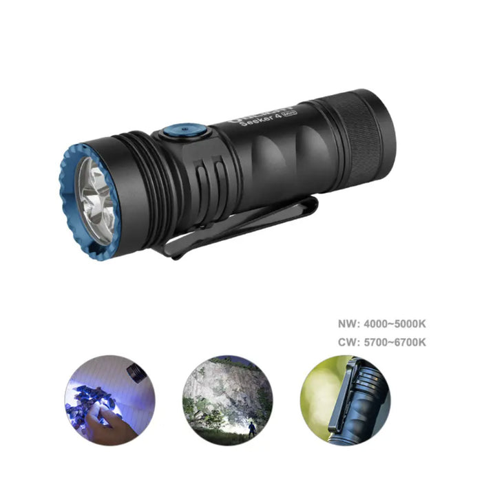Olight Seeker 4 Mini 1200 Lumen Rechargeable Dual Light Source Flashlight - Cool White and 365nm UV