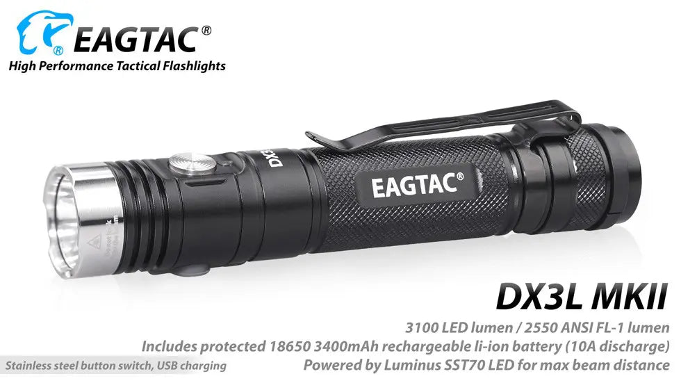 Eagtac DX3L MKII Micro-USB Rechargeable 3100 Lumen Torch - 257 Metres