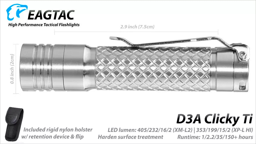 Eagtac D3A Ti Pocket Torch - 405 Lumens, 91 Metres