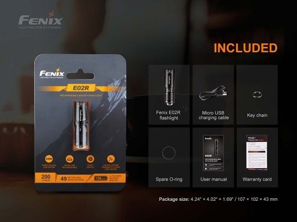 Fenix E02R Rechargeable Keychain Light - 200 Lumens, 49 Metres