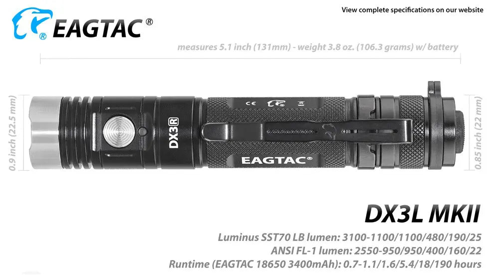 Eagtac DX3L MKII Micro-USB Rechargeable 3100 Lumen Torch - 257 Metres