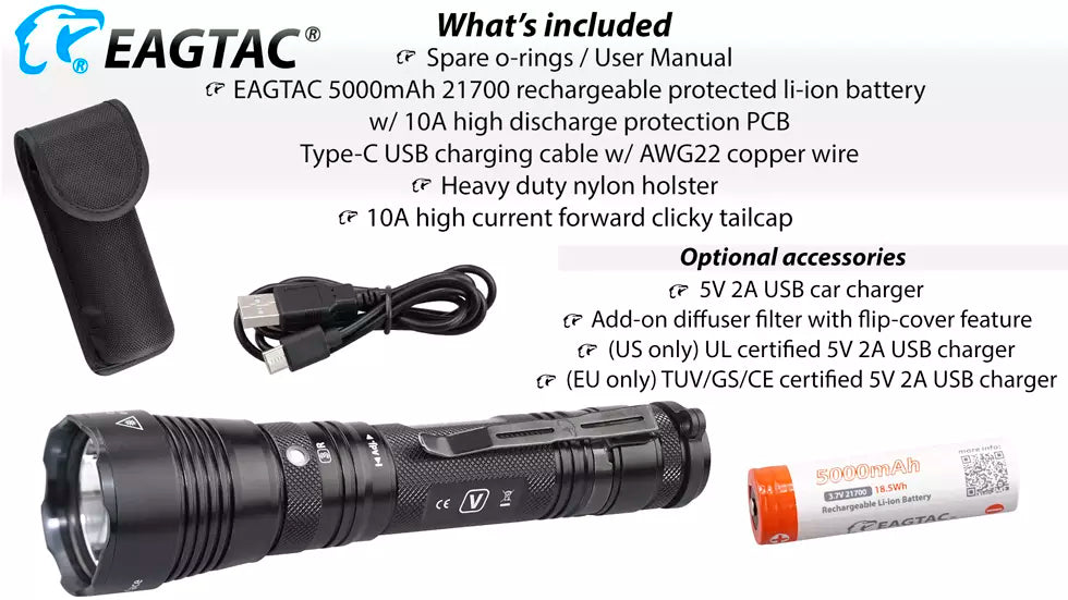 Eagtac G3V Rechargeable 3200 Lumen Tactical Torch - 247 Metres