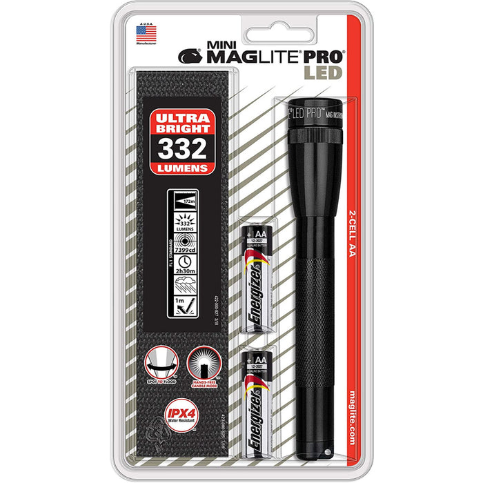 MagLite Mini Maglite 2AA Pro 332 Lumen LED Torch with Nylon Pouch - Black - 172 Metres