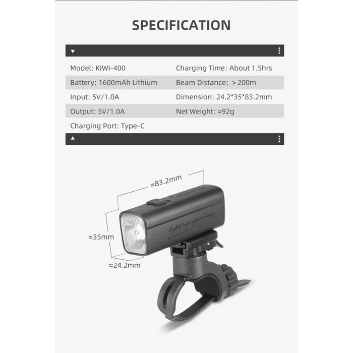 Gaciron KIWI-400 400 Lumen Rechargeable Anti-Glare Front Bike Light